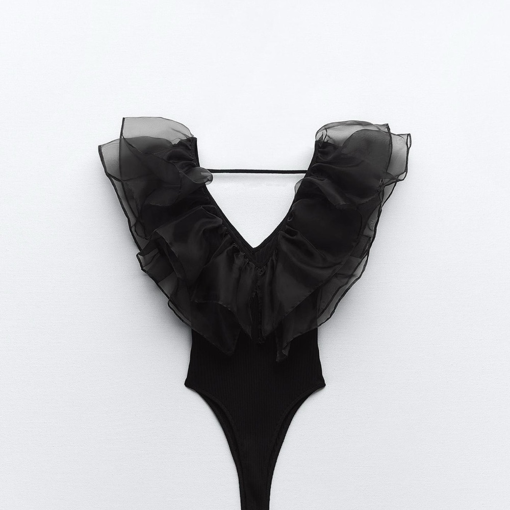 Zara Black Ruffled V-Neck Bodysuit